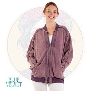 5V BLUE VELVET Washed Cotton Zip Up Jacket in Eggplant